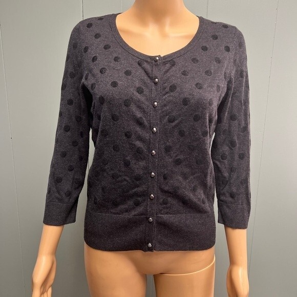 White House Black Market Black Polkadot Gray Cardigan 3/4 sleeve Snap Closures M - Picture 2 of 10